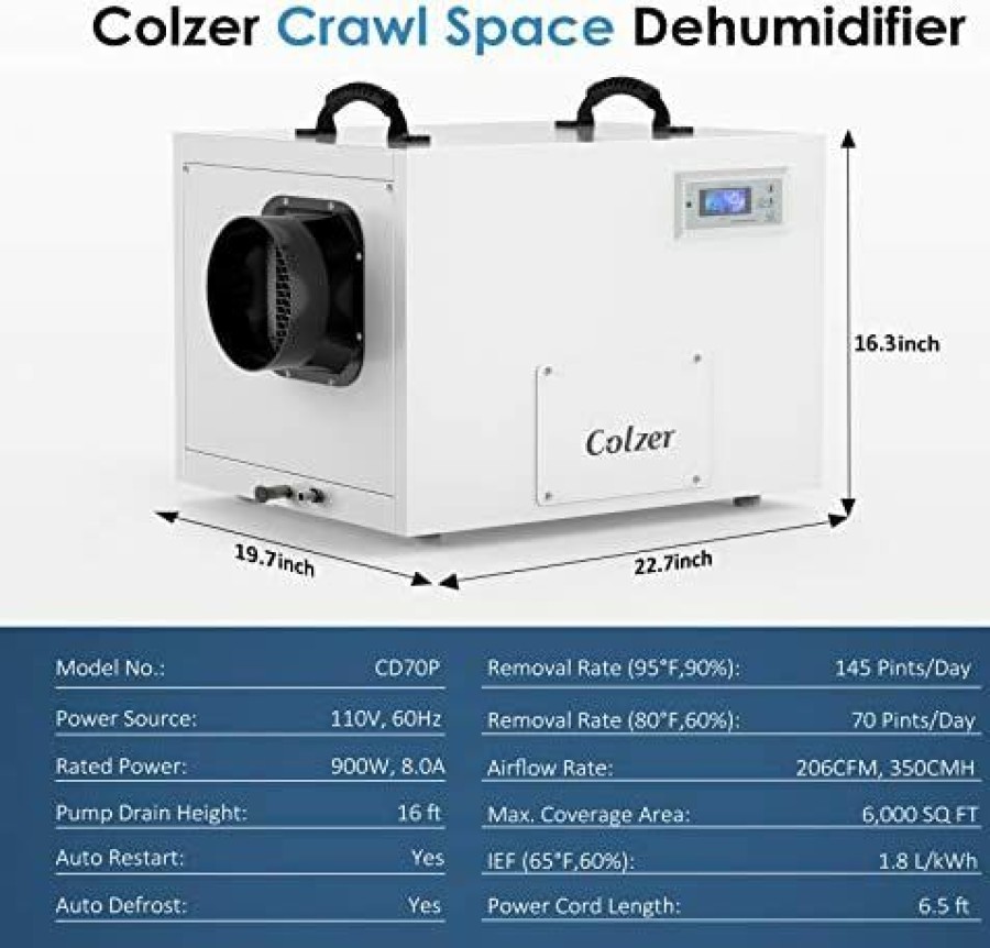 Dehumidifiers * | Affordable Price Colzer Crawlspace Commercial Dehumidifier With Pump And Drain Hose 145 Pints/Day (Saturation) 70 Pints/Day (Aham) Humidity Control For Up To 6,000 Sq Ft Basements, Water Damage Storage White