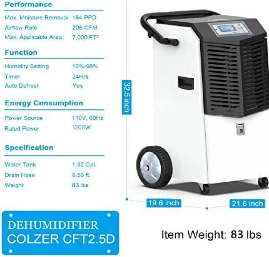 Dehumidifiers * | Bargain Sale Colzer 164 Pints Commercial Dehumidifiers With Continuous Drain Hose For Basements Warehouse Grow Room, Water Damage Restoration Dehumidifiers With 1.32 Gallon Water Reservoir 20.5 Gallon/Day Black & White