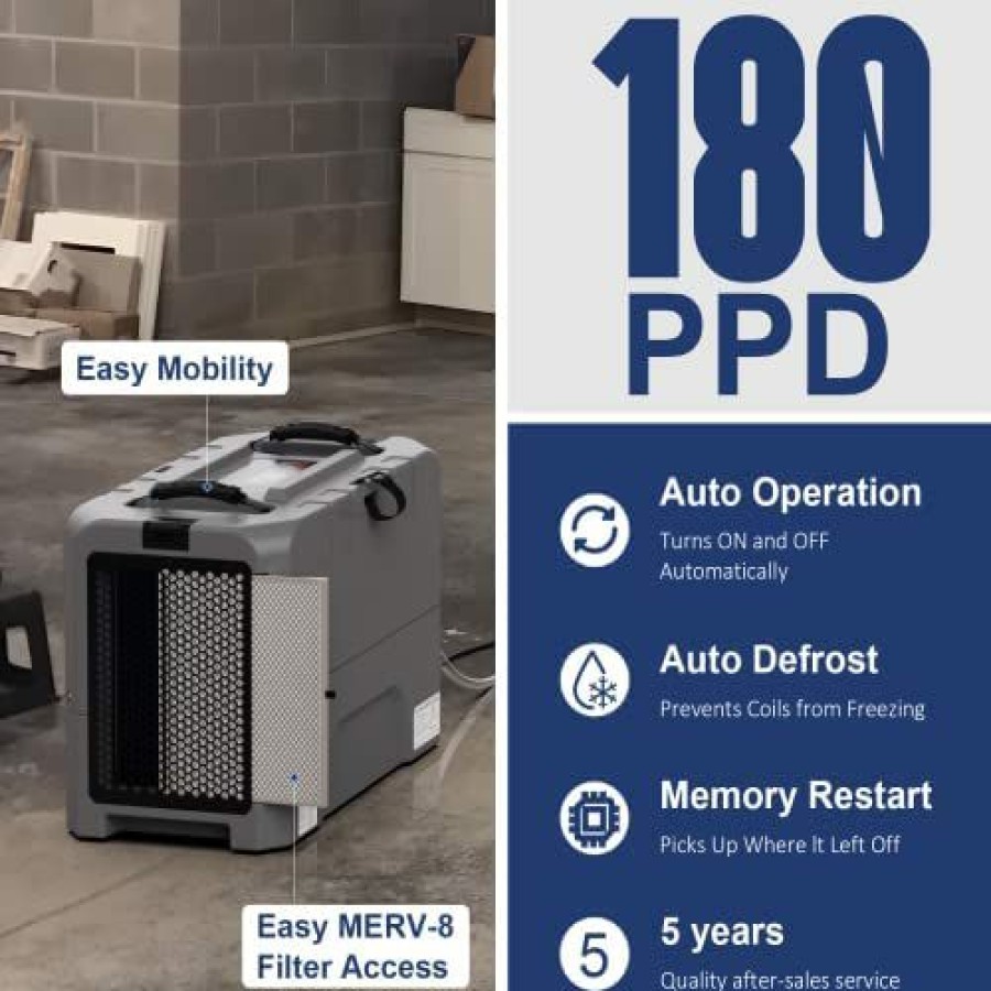 Dehumidifiers * | Affordable Price Abestorm Commercial Dehumidifiers With Pump, Lgr 180 Ppd Dehumidifier For Crawl Space, Basement, Large Space, Industrial Dehumidifier For Large Room Or Warehouse, Auto Defrosting, Memory Starting, 5 Years Warranty Gray